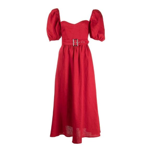 Reformation 100% Linen Red Zipper Smock Puffy Sleeve Sweetheart Neck Dress Sz 0 - Picture 1 of 12
